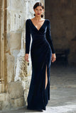 Navy Sheath V-Neck Slit Long Mother of the Bride Dress