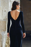 Navy Sheath V-Neck Slit Long Mother of the Bride Dress