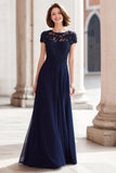 A-Line Navy Lace Appliques Long Mother of the Bride Dress