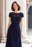 A-Line Navy Lace Appliques Long Mother of the Bride Dress
