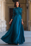 Peacock Blue A-Line High Neck Long Mother of the Bride Dress