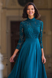 Peacock Blue A-Line High Neck Long Mother of the Bride Dress