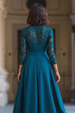 Peacock Blue A-Line High Neck Long Mother of the Bride Dress
