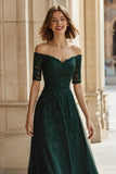 A-Line Pine Off the Shoulder Applique Beading Mother of the Bride Dress