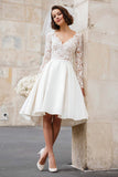 A-Line V-Neck Ivory Lace Midi Engagement Dress with Sleeves