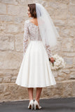 A-Line V-Neck Ivory Lace Midi Engagement Dress with Sleeves