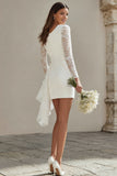 V-Neck Bodycon Ivory Ruched Lace Sleeves Short Wedding Dress with Slit