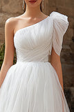 Ivory Tulle A Line One Shoulder High Low Wedding Dress
