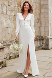 Ivory Sheath V-Neck Maxi Wedding Dress with Sleeves