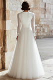 Ivory Long Deep V-Neck A Line Wedding Dress with Tulle
