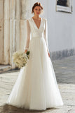 Elegant Ivory V-Neck A Line Maxi Wedding Dress with Sleeves