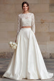 Ivory Lace A Line Bateau Neck Sweep Train 2 Piece Wedding Dress