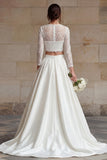 Ivory Lace A Line Bateau Neck Sweep Train 2 Piece Wedding Dress