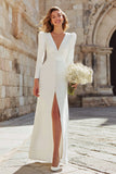 Simple Ivory Sheath Deep V-Neck Maxi Wedding Dress with Slit