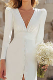 Simple Ivory Sheath Deep V-Neck Maxi Wedding Dress with Slit