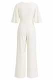 Simple Ivory V-Neck Flutter Sleeves Wedding Jumpsuit with Pocket