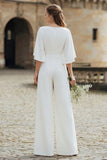 Simple Ivory V-Neck Flutter Sleeves Wedding Jumpsuit with Pocket