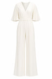 Simple Ivory V-Neck Flutter Sleeves Wedding Jumpsuit with Pocket
