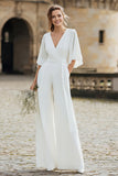 Simple Ivory V-Neck Flutter Sleeves Wedding Jumpsuit with Pocket