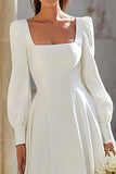 Simple Ivory Square Neck Sweep Train A Line Wedding Dress with Sleeves