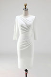 Ivory V-Neck Sheath Ruched Half Sleeve Midi Work Dress