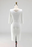 Ivory V-Neck Sheath Ruched Half Sleeve Midi Work Dress
