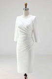 Ivory V-Neck Sheath Ruched Half Sleeve Midi Work Dress