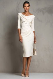 Ivory V-Neck Sheath Ruched Half Sleeve Midi Work Dress