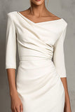 Ivory Sheath Ruched Midi Work Dress with Short Sleeve