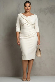 Ivory Plus Size Bodycon V-Neck Halft Sleeves Midi Work Dress