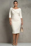 Ivory Plus Size Sheath Cowl Neck Midi Work Dress with Halft Sleeves