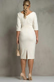 Ivory V-Neck Sheath Ruched Half Sleeve Midi Work Dress