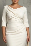 Ivory V-Neck Sheath Ruched Half Sleeve Midi Work Dress