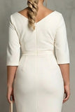 Ivory V-Neck Sheath Ruched Half Sleeve Midi Work Dress