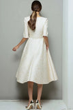 Ivory Jacquard A Line Midi Work Dress with Belt