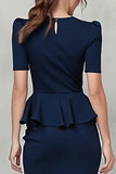 Ruffled V Neck Navy Sheath Midi Work Dress