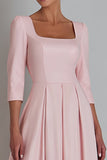 Pink Square Neck A Line Satin Work Dress with Sleeve