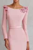 Pink Boat Neck Sheath Appliques Midi Work Dress