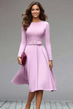 Lilac Boat Neck A Line Long Sleeves Midi Work Dress with Belt