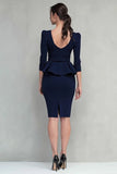 Navy Ruffled Square Neck Sheath Midi Work Dress