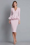 V Neck Ruffled Sheath Pink Midi Work Dress