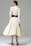 Ivory Peak Lapel A Line Midi Work Dress with Belt