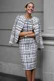 2 Piece Mix Black Grid Tweed Pencil Work Dress