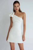 One Shoulder A Line Little White Dress with Bow