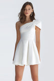 One Shoulder A Line Satin Little White Dress