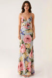 Grey Blue Floral Spaghetti Straps Mermaid Evening Dress