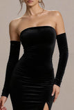 Black Velvet Strapless Mermaid Long Formal Dress with Slit