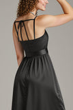 Black Satin Spaghetti Straps Sheath Long  Formal Dress with Slit