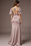Light Pink Satin Mermaid Square Neck Long Prom Dress with Sleeves