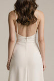 Simple Ivory Satin V-Neck Sheath Long Prom Dress